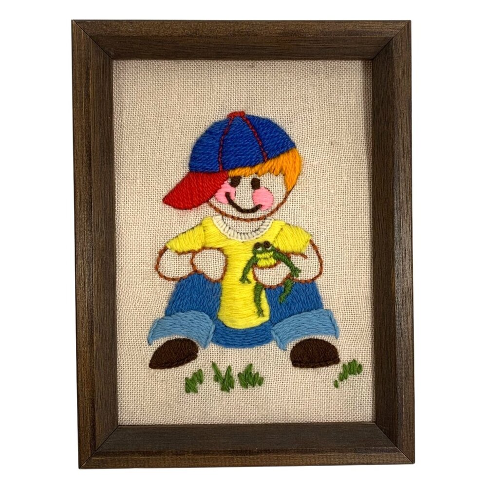 1970s Jiffy Stitchery Butch Crewel Embroidery Kit Little Boy w/ Frog Framed